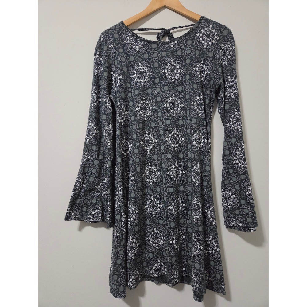 Soul‎ Flower Organic Cotton Bell Sleeve Mandala Print V-Back Mini Dress XL Grey